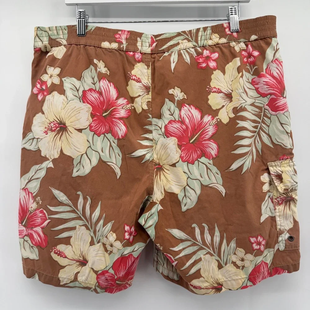 Polo Ralph Lauren Swim Trunks Men L Brown Hibiscus Floral Cargo Board Shorts‎